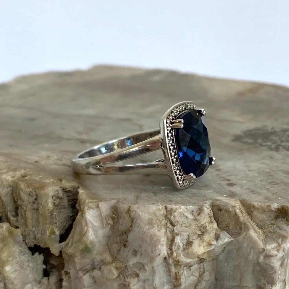 Sterling Silver 925 P☆M Blue Cubic Zirconia & Diamond Accent Stone Ring Sz 7